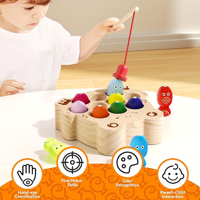Wooden Magnetic Fishing Game for Toddlers 1-3, Frog Fishing Color Sorting Montessori Sensory Preschool Educational Learning Fine Motor Skills Toys for 3 4 5 Years Old Boys Girls
