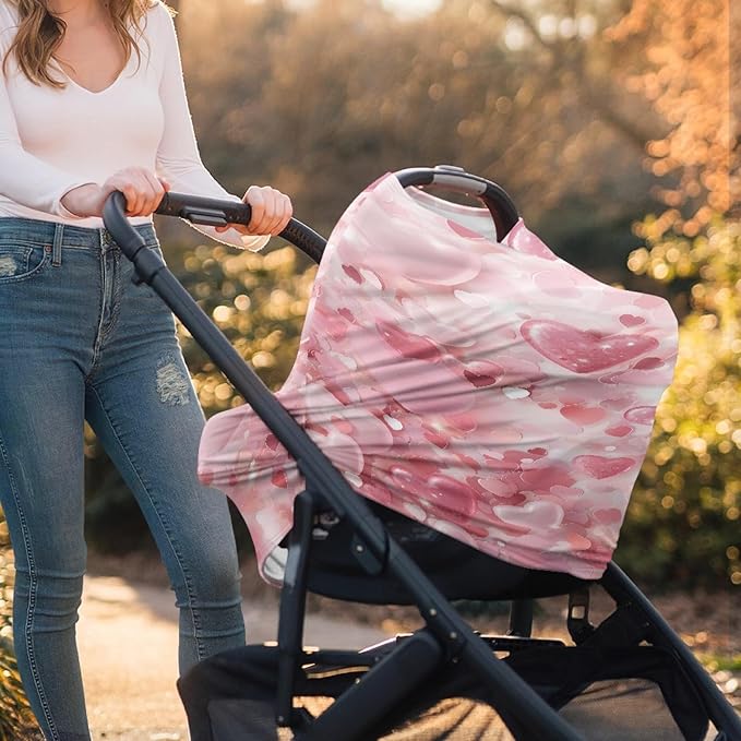 Pink Love Heart Print Stylish Infant Babies Nursing Cover Valentine's Day Theme Stretchy Car Seat Canopy for Shopping Cart/High Chair/Stroller Covers