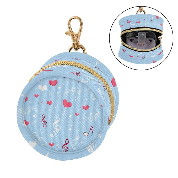 Pacifier Holder with Clip Pacifier Case for Diaper Bag Round Baby Pacifier Pouch Box Bag Portable Sky Blue Music Note and Hearts