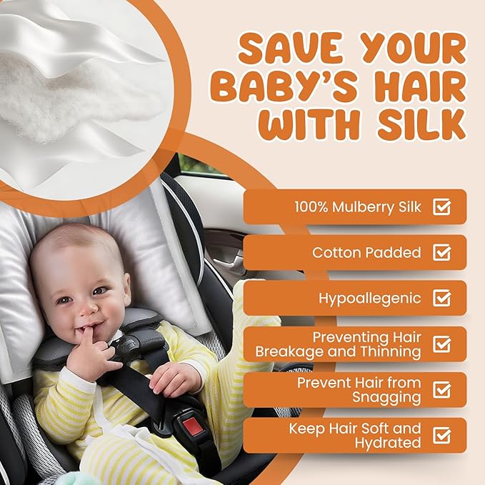 PROMEED 100% Natural Silk Carseat Headrest Cover for Baby Hair Protection - Mulberry Silk Car Seat Head Cover to Prevent Hair Loss and Bald Spot, Safe & Washable Car Seat Accessories (White)
