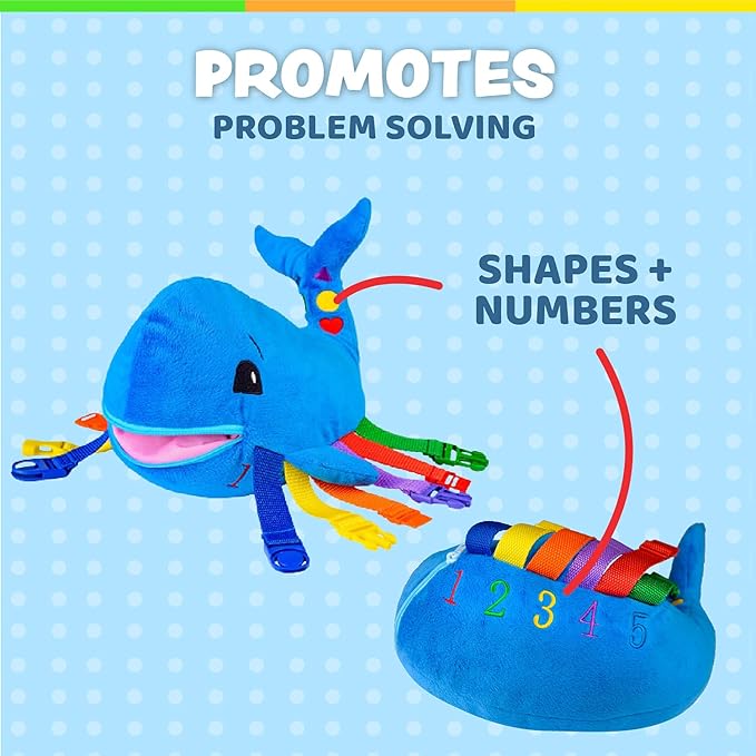 Buckle Toys - Blu Whale - Develop Motor Skills and Problem Solving - Counting and Color Recognition - Easy Travel Toy - Learning Material - Pre K Activity Stuffed Animal