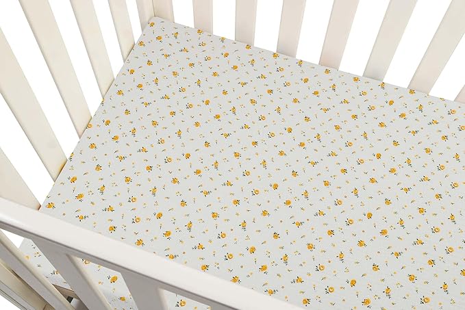 Onacosht Muslin Mini Crib Sheets, 39" x 27" Pack and Play Mattress Sheets Fitted for Pack N Play, Soft Cotton for Boys Girls, 2 Pack, Beige and Yellow Floral