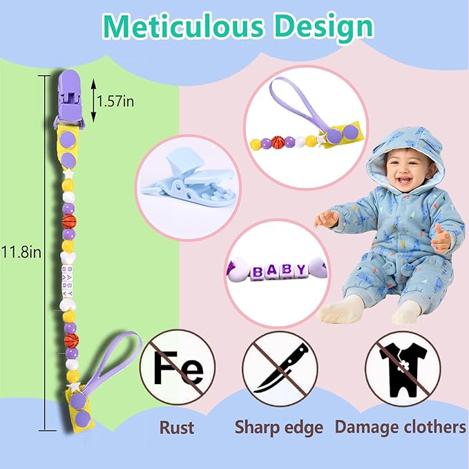 Pacifier Clip Holder Baby Girls and Boys,Neutral Binky Clips with One-piece Design for Baby Shower -2 Packs