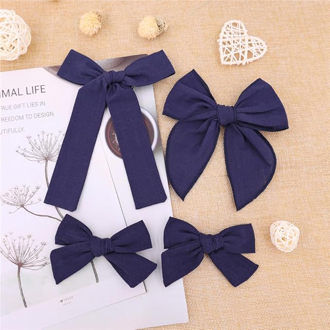 3 Styles Hair Bow Clips for Little Girls Toddler Baby Mom Women Hair Barrettes Accessories 4 Pcs Cotton Linen Bows Navy