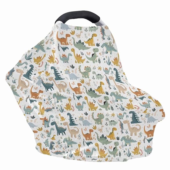 GIFTPUZZ Dinosaurs Child Stretchy Baby Car Seat Cover, Multiuse Nursing Breastfeeding Covers, Shopping Cart/High Chair/Stroller Canopy, Infant Full Protection Baby Car Seat Canopies for Boys Girls