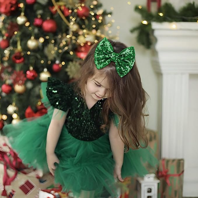 Hair Clip - 5 inches St.Patrick's Day Sequins Large Bow with Alligator Clip - Green - Hair Accessories for Women Teens Babies Toddlers