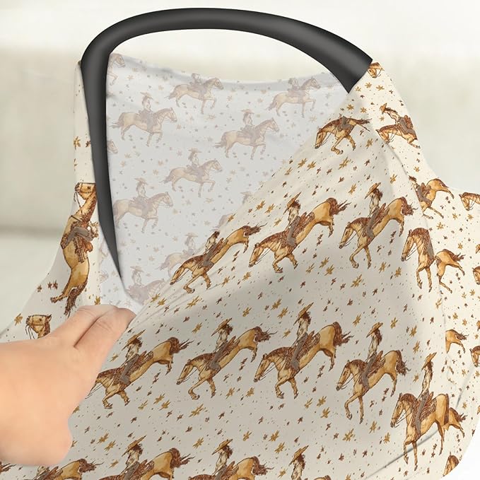 Vintage Western Cowgirl Baby Car Seat Covers Retro Cowgirl Horse Stars Stretchy 5-in-1 Cover Adjustable Infant Carseat Canopy Cover Wild Desert Country Breathable Nursing Cover-Up