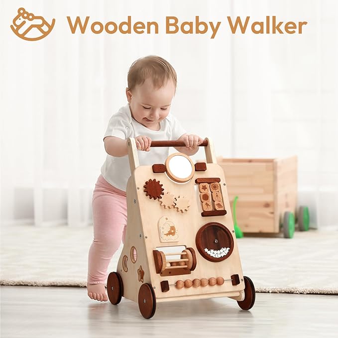 Woodtoe Wooden Baby Walker, Adjustable Speed Push Walker, Montessori Toys for 1 Year Old, Wood Walker for Boys and Girls, Baby Activity Center, Toddler Push Toys, Baby Shower Birthday Toy Gift for 1+