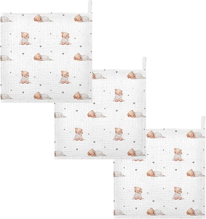 vvfelixl Baby Washcloths Cotton Cute Sleeping Teddy Bears Baby Muslin Washcloths Soft Baby Face Towel for Newborn Infants Baby Wipes, 11.8 X 11.8 inch, one sizex5
