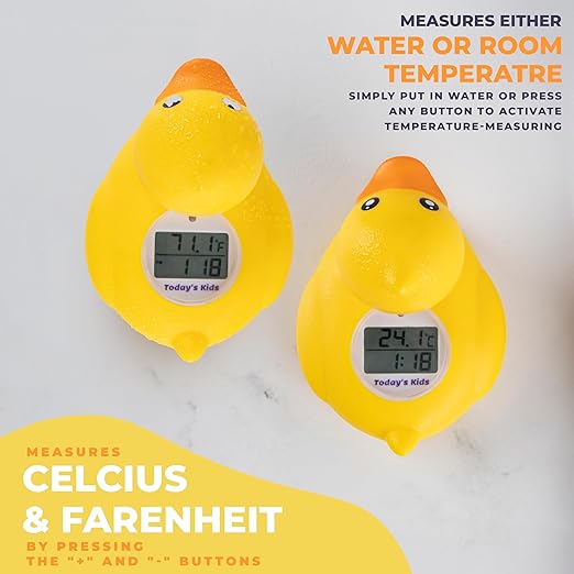 Todays Kids Duck Baby Bath Thermometer & Clock - Fahrenheit & Celsius Baby Essentials - Room & Water Thermometer - Soft Material