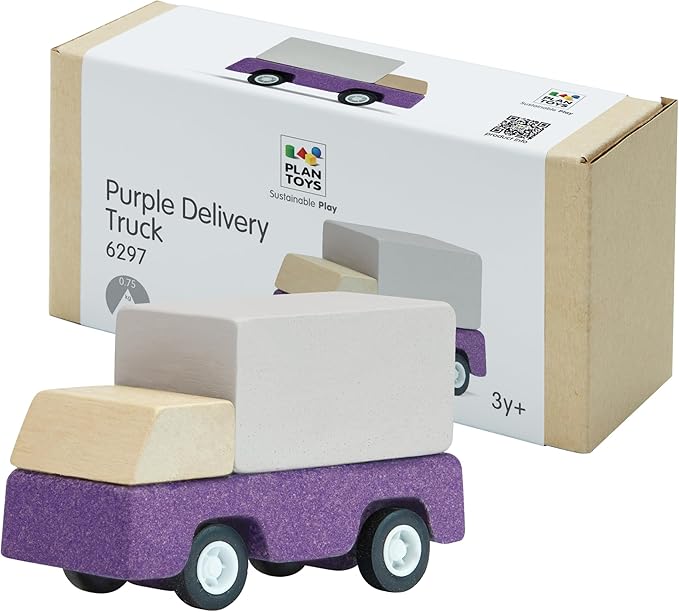 PlanToys® Purple Delivery Truck Wooden Montessori Vehicle Toy | Early Movement, Imagination and Practical Life Exploration | Eco Friendly Truck for Indoor and Outdoor Play