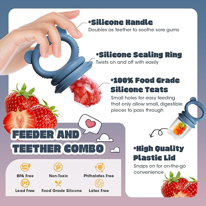 Baby Food Feeder Set, 2 Packs Fruit Feeder & Breastmilk Popsicle Molds Freezer Tray with Lid, Silicone Fruit Feeder to Teething Relief, Introduce New Foods, Baby Feeding Essentials(Blue+Red)