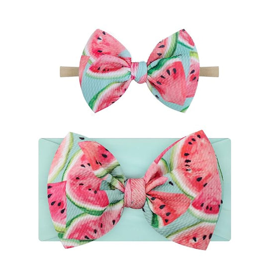 4.5'' Baby Bows Handmade Headbands 6'' Printed Tied Bow Elastic Nylon Hair Accessories for Baby Girls Newborn Infant 2 Pcs Aqua Watermelon