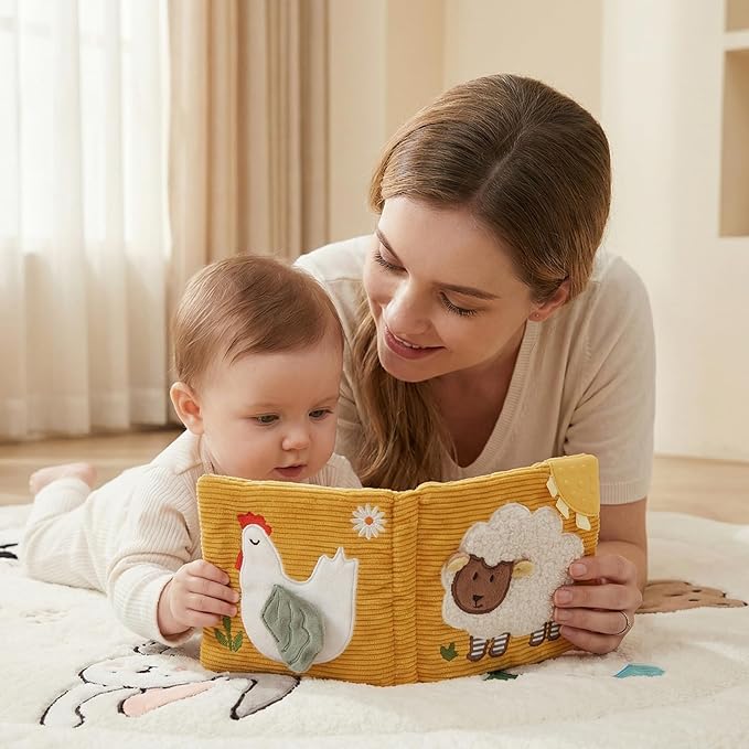 Mamimami Home Soft Baby Book with Teether & Mirror, Sensory Crinkle Cloth Books for Babies 0-12 Months, Montessori Farm Animal Tummy Time Toys, Portable Busy Book, Infant Toy for Newborn Shower Gift