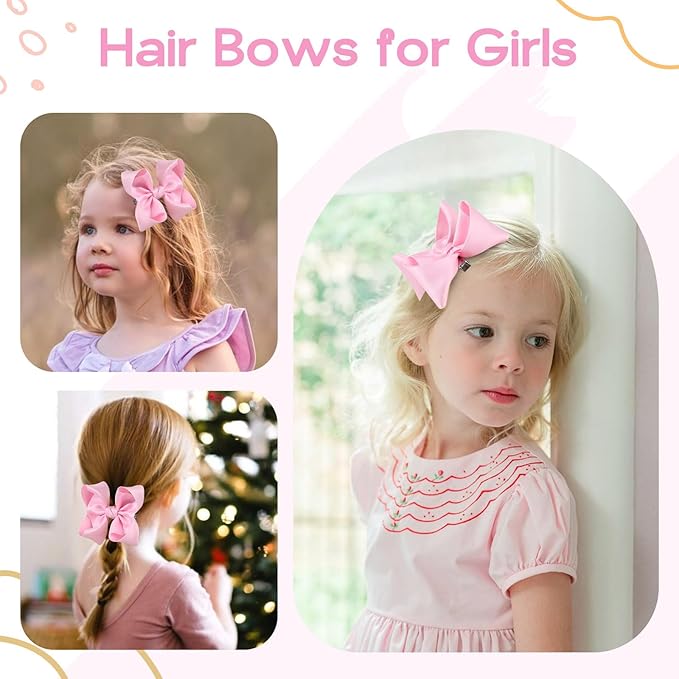 OAOLEER 2PCS 3.5inch Hair Bows for Girls，Pink Stain Ribbon Hair Bows Alligator Clips Hair Accessories for Back To School Teen Toddler Girls Kids (Pink)