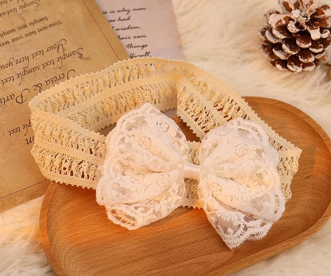 Lace Flower Bow-knot Baby Girls Headband Birthday Infant Wrap Elastic Baby Turban Hairband for Newborn Infant Toddler Kids (White)