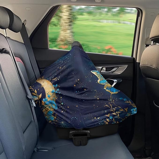 Blue Butterfly Car Seat Canopy for Baby Girls,Floral Pattern Nursing Cover Elastic Breastfeeding Cover Soft Car Infant Seat Cover