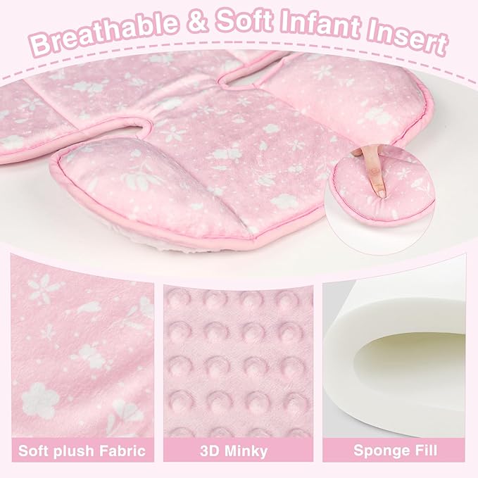 Infant Car Seat Insert, 3 in 1 Ultra-Thick Newborn Carseat Insert with Strap Covers for Girls, Man Fai Sky Universal Car Seat Head Support Baby for Carseat, Strollers, Swings, Bouncer (Pink)