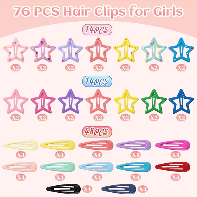YHXX YLEN 76 PCS Hair Clips for Girls, Metal Snap Barrettes & Star Clips, Colorful Small Accessories, Y2K Hair Accessories for Kids