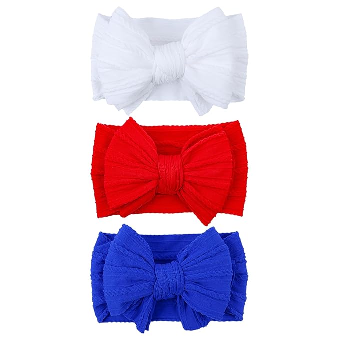 LemonSpace Handmade Headband for 4th of July Blue Baby Bow Newborn Accessories Infant Girls Hair Bows Red White and Blue Stretchy Soft Nylon Baby girl Bows Newborn Toddlers Headwrap
