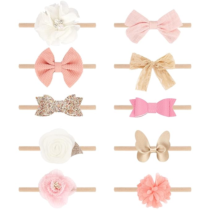 BQUBO Baby Girl Headbands with Bows Nylon Hairbands Handmade Hair Accessories for Newborn Infant Toddlers 10 Pack