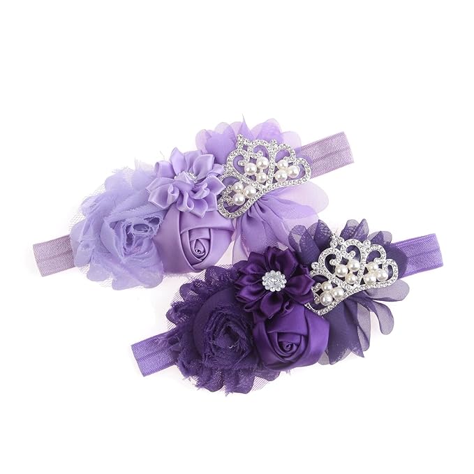 Nishine Christening Headband Fabric Flower Headband Tiara Stretchy Elastic in Pairs (Purple/Lilac)