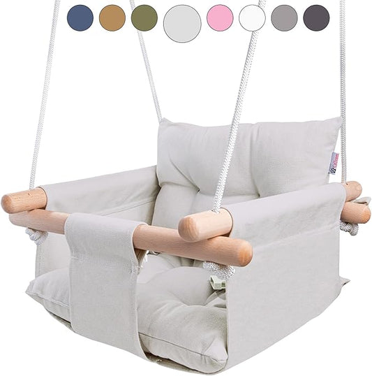 CaTeam - Canvas Baby Swing, Wooden Hanging Swing Seat Chair with Safety Belt, Durable Baby Swing Chair, Outdoor and Indoor Swing for Kids, Mounting Hardware Included, Gray