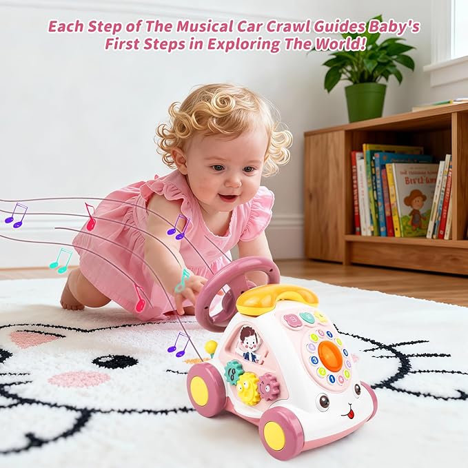 Love&Mini Baby Musical Toys for Girls - Crawling Steering Wheel Toys with Car, Telephone, Lights & Sounds - Multi-Functional Educational Gifts for 1+ Year Old Girls Birthday Xmas
