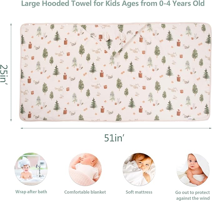 Toddler Bath Towel - Soft Muslin Baby Towel with Hood 25x51 Inches - Absorbent Hooded Bath Towel for Infant & Toddler 0-4 Years - Cute Animal Beach Towel (Forest Squirrel)