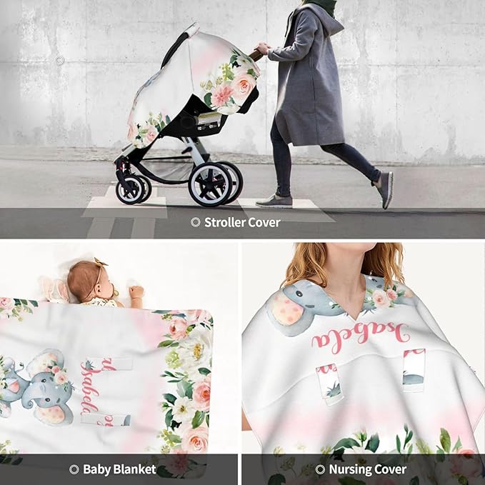 Personalized Baby Car Seat Canopy for Babies, Custom Name Car Seat Covers for Baby Girl, Elephant Rose Pink Opening Minky Nursing Breastfeeding Cover for Infant, Carseat Canopies for Newborn