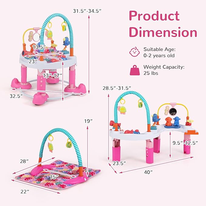 INFANS Baby Bouncer Activity Center, 5 in 1 Toddler Bouncing Activity Saucer Playtime Mat Activity Table with 360°Rotating Seat, 3 Adjustable Height, Foldable Exersaucer Learning Walker (Pink)