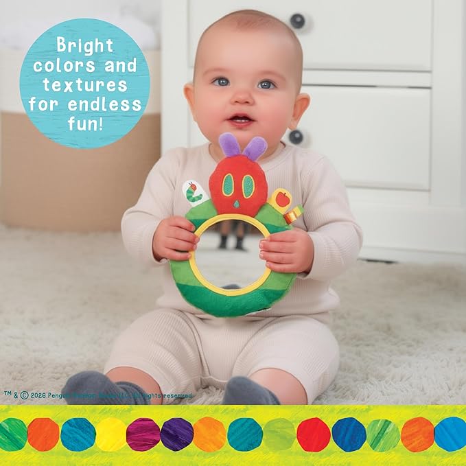 Eric Carle Very Hungry Caterpillar On-the-Go Mirror Rattle Toy – Sensory Toy with Safe Mirror, Crinkle, and Tactile Ribbons, Perfect for Stroller or Diaper Bag, Ages 0+