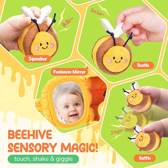 JoyCat 6 Month Old Baby Toys, Flower Beehive with 5 Stuffed Sensory Bees, Crinkle, Rattle, Mirror, Montessori Toys for 6-10 Months Old Babies, Infant Toys Baby Shower Easter Basket Stuffers Gifts