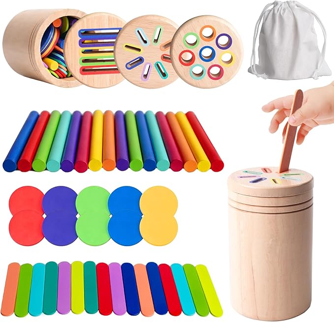 Wooden Montessori Baby Toddler Toys, 3 in 1 Educational Sensory Color Sorting Toys for Toddlers 1-3, Educational Color Sorting Fidget Sensory Toys