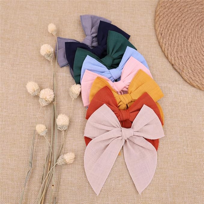 12 PCS Large Fable Bow Hair Clip for Little Girl Kids Linen Velvet Hair Bows Barrettes Alligator Clips Baby Mom Women Hair Accessories (Linen 12 PCS)