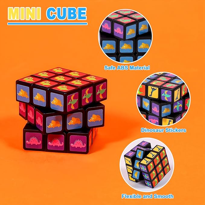 24 Pack Dinosaur Mini Cube Bulk, 1.18 Inch 3x3x3 Small Puzzle Cubes Set, Dinosaur Themed Birthday Party Favors, Classroom Rewards Prizes, Stocking Stuffers, Easter Basket Fillers for Kids