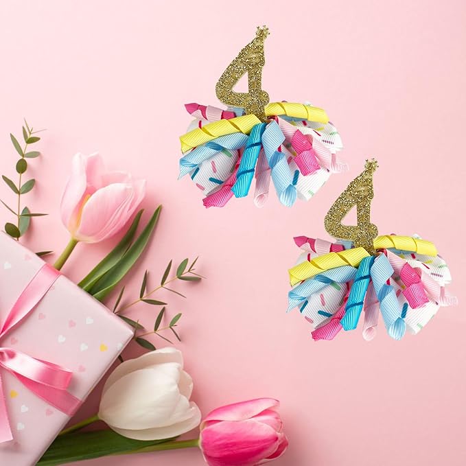 Birthday Hair Clips for Baby Girls - 2Pc Curly Ribbon with Gold Number Bow Hair Clips for 4th Birthday Baby Bow Party Decorations for Girls Toddlers Hair Accessories (Gold Number- 4 Years)