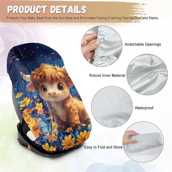 XYZCANDO Highland Cow Print Baby Car Seat Cover Cartoon Car Seat Covers for Babies Easy to Install Baby Car Seating Sun Shade Cover for Travel Novelty Car Seat Protector for Child Car Seat