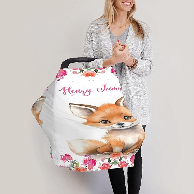 Personalized Car Seat Covers with Name, Fox Baby Canopy Carrier Cover, Breathable Breastfeeding Nursing Cover, Stretchy Multi-Use Infant Carseat Stroller Cover