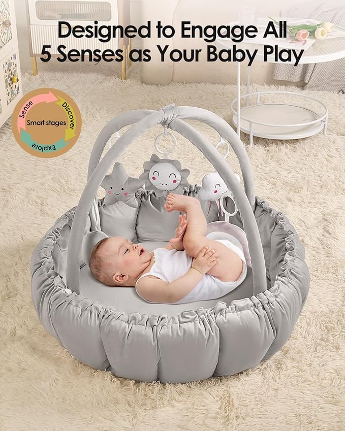5-in-1 Convertible Baby Gym Play Mat with Hanging Toys, Soft Padded Activity Center & Ball Pit, Plush Tummy Time Mat for Newborns to Toddlers, Machine Washable, Gray