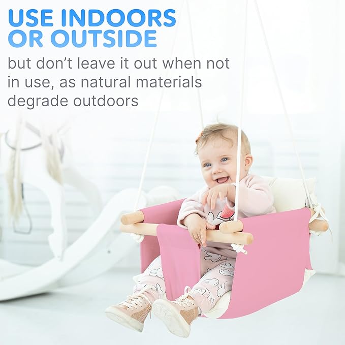 CaTeam - Canvas Baby Swing, Wooden Hanging Swing Seat Chair with Safety Belt, Durable Baby Swing Chair, Outdoor and Indoor Swing for Kids, Mounting Hardware Included, Pink
