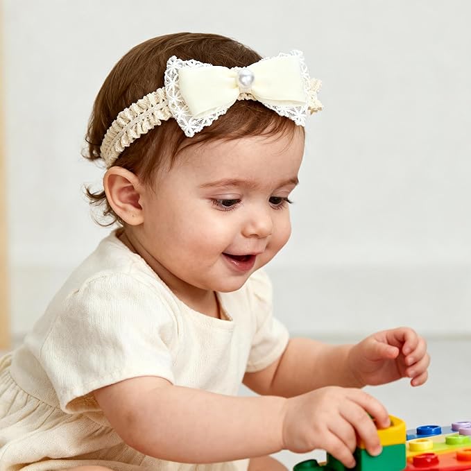 Handmade Baby Girl Headbands in Beige Baby Bows and Floral Lace Headband Bows for Newborns and Toddlers Cute Baby Girl Bows and Newborn Headband Bows