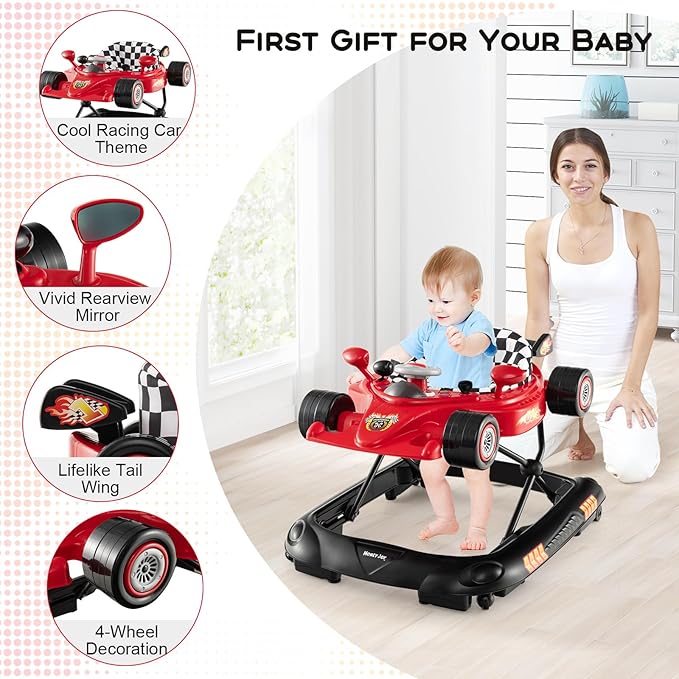 HONEY JOY Baby Walker, 4-in-1 Foldable Infant Activity Push Walker, Toddler Car Walker w/Adjustable Heights, Music, Lights, Removable Tray, Baby Walker with Wheels for Boys Girls 7-14 Months (Red)