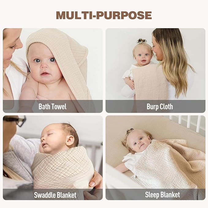 Cinaci 1pc Soft & Absorbent 100% Muslin Cotton Baby Hooded Bath Towel for Baby Girls Boys Newborns Infants Toddlers Kids (Khaki)