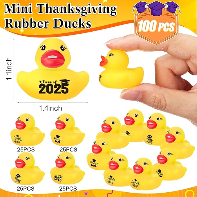 MiniInflat 100 Pcs Class of 2026 Graduation Rubber Ducks Bulk 2026 Congrats Grad Assorted Rubber Ducks Mini Graduation Pool Ducky Toys for Classroom Exchange Gifts