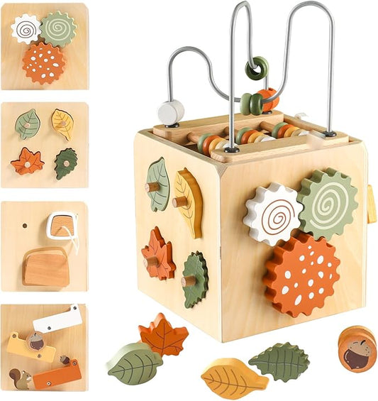 Wooden Kids Baby Activity Cube - Boys Gift Set | One 1, 2 Year Old Boy Girl Gifts Toys | Developmental Toddler Educational Learning Boy Toys 12-18 Months | Bead Maze, First Birthday Gift