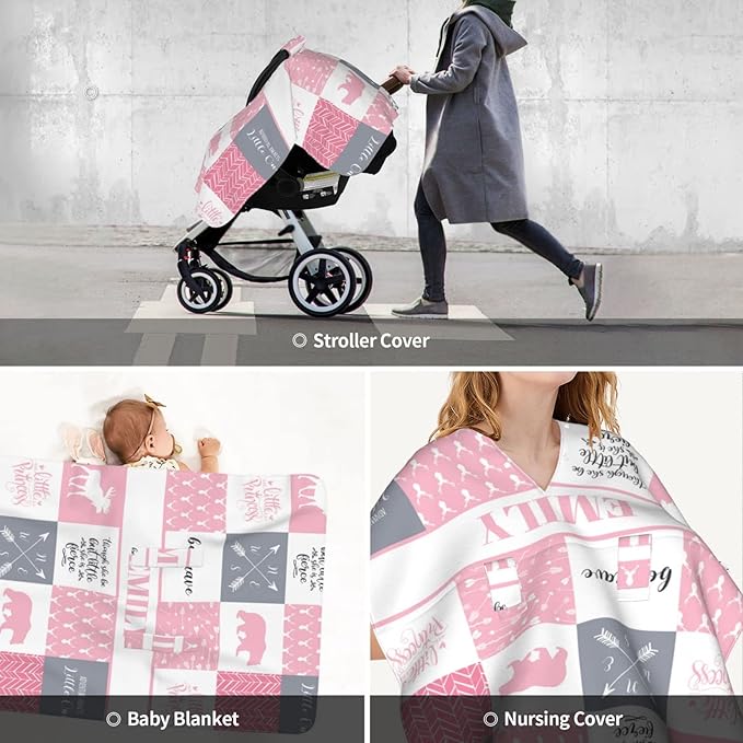Personalized Baby Car Seat Canopy for Babies, Custom Name Car Seat Covers for Girls, Opening Minky Nursing Breastfeeding Cover for Infant, Carseat Canopies for Newborn (Woodland Deer Bear Pink)