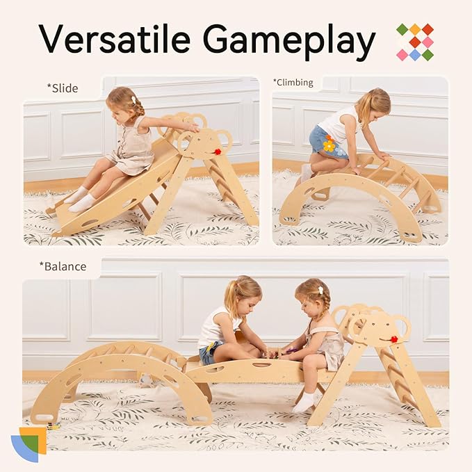 WINGYZ Pikler Triangle Set, Montessori Foldable 8-in-1 Jungle Gym with Reversible Animal Slide, Patent-Protected Climbing Set, Safe 2.35" Gap ASTM F963 Standards for Toddlers 18 Months-7 Years (Teak)