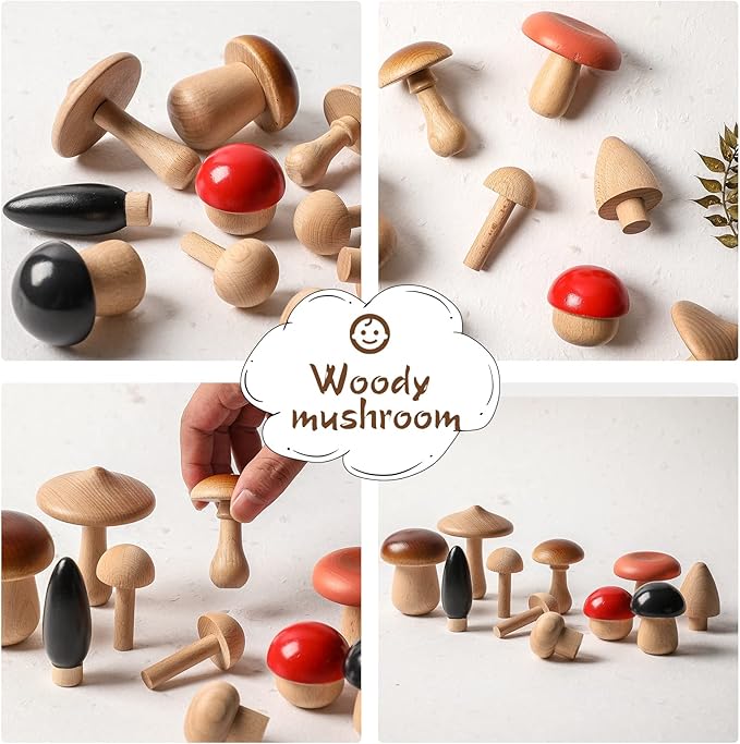 Promise Babe Wooden Mushroom Toys, Montessori Wooden Blocks Stacking Toys for Toddlers 11 Pcs, Miniature Mushroom Various Sizes Woodland Creative Craft Home Decor