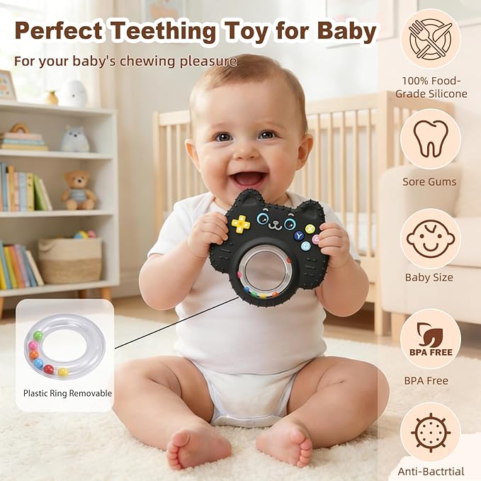 Teething Toys for Baby, Sensory Baby Chew Toy, Rattle Ring Teether Toys for Babies 0-3-6-12 Months, Silicone TV Remote Control Shape for New Baby Gift (Black)